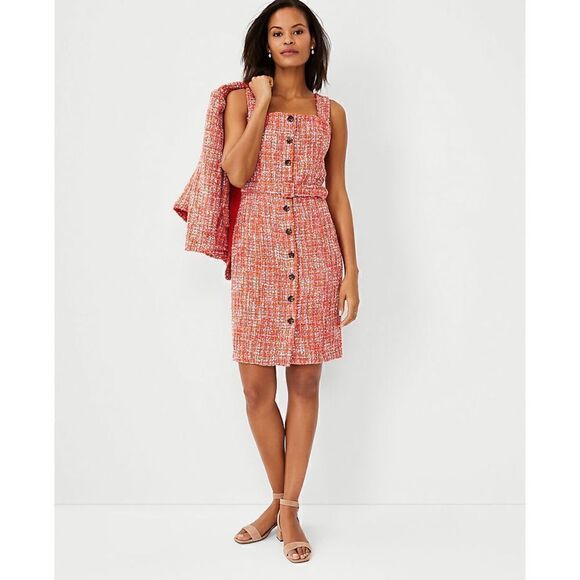 Ann Taylor Red Tweed Button-Front Sheath Dress - Picture 4 of 16